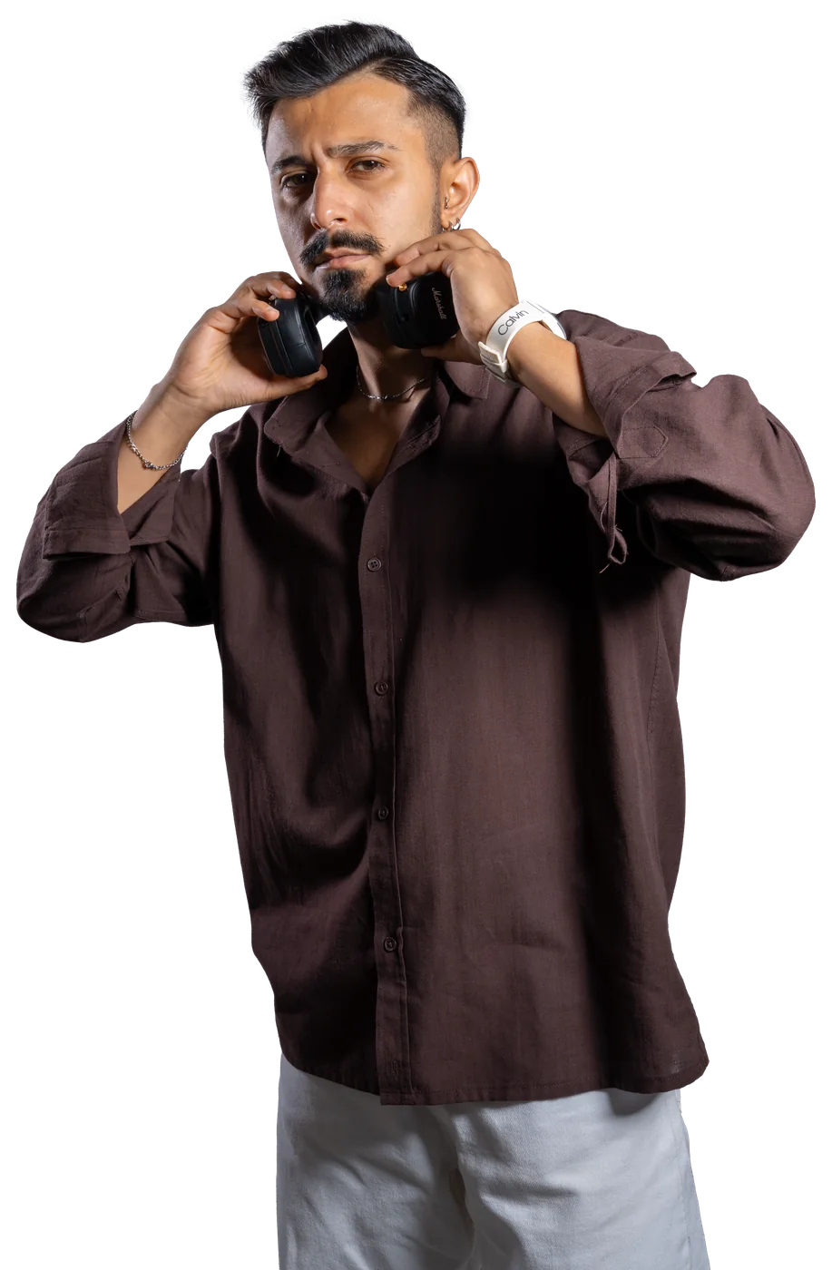 Samet Karabina with his headphones, cut-out portrait