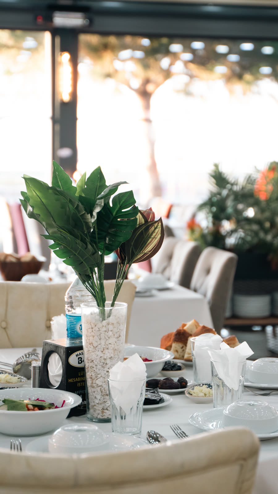 A restaurant table laid for breakfast with a white cloth and a vase of green leaves, empty chairs and sunlit windows behind