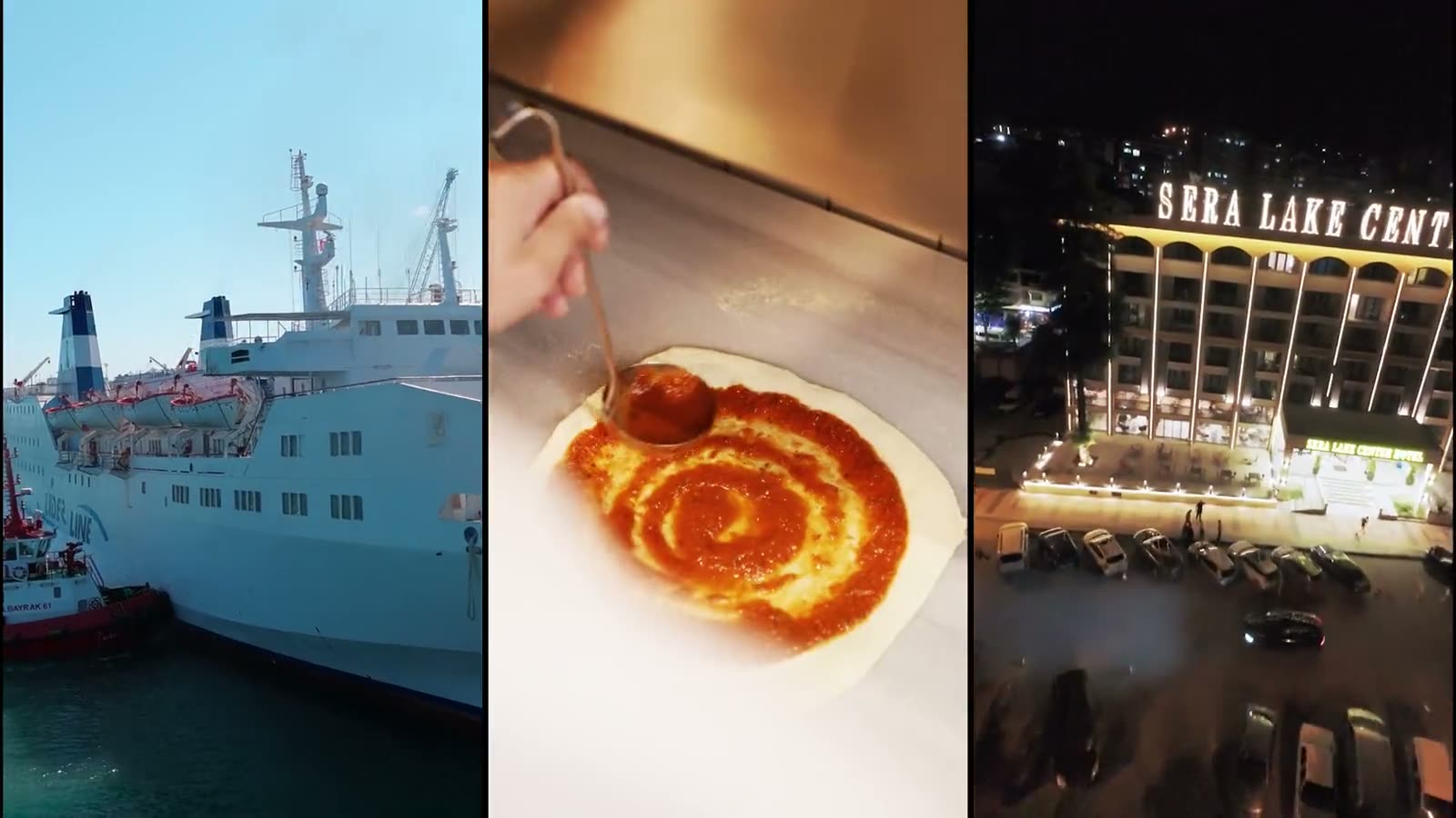 Three vertical frames side by side: a ferry in port, tomato sauce spread on pizza dough, a hotel facade lit up at night